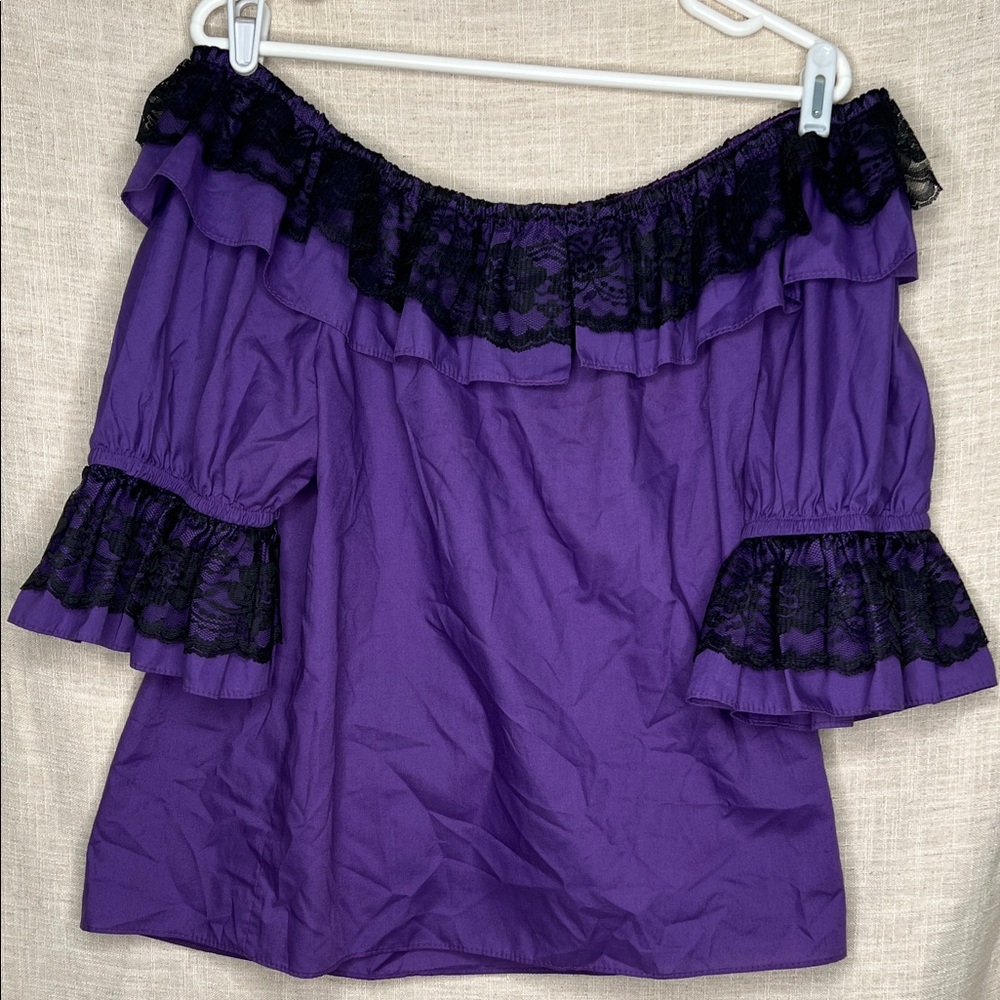 Square Up Purple Wench Off-Shoulder Top with Black Lace Vintage Ruffle Trim